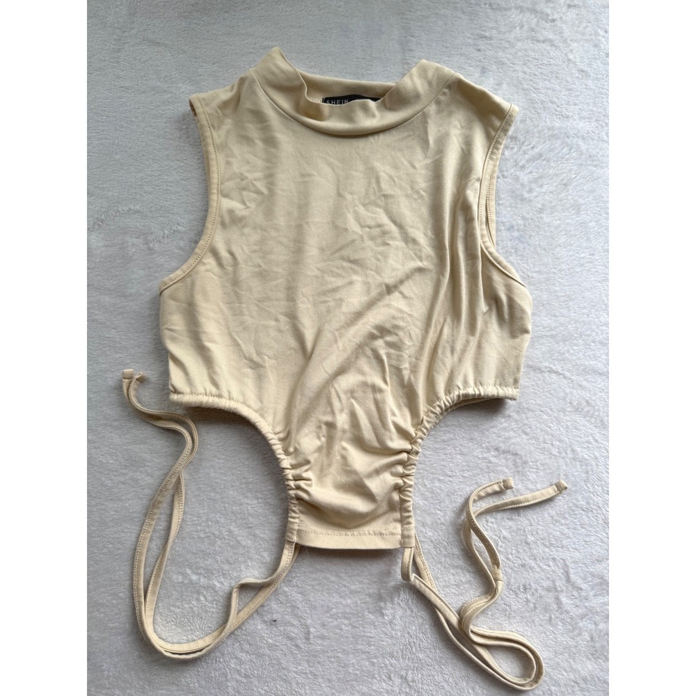 Crop Top Womens Small Beige Mock Neck Ruched Side Tie Streetwear